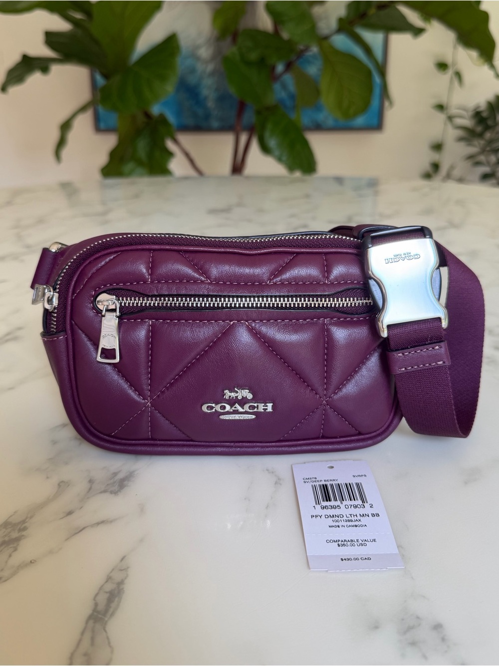 Coach Mini Belt Bag With Puffy Diamond Quilting Silver Deep Berry Purple CM278